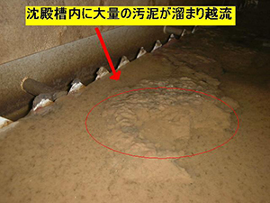 沈殿槽内に大量の汚泥がたまり越流