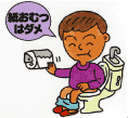 子どもがトイレに座りながら、「紙おむつはだめ」と言っているイメージ