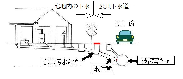 宅地内の下水道が公共下水道にある公共汚水ます、取付管、枝線管きょに繋がっていることを表しているイラスト