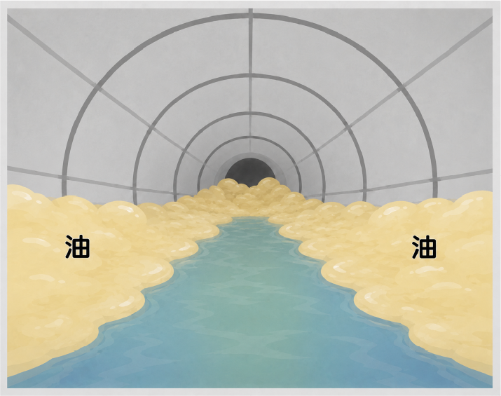 下水道管の中に油が固まって詰まっているイメージ