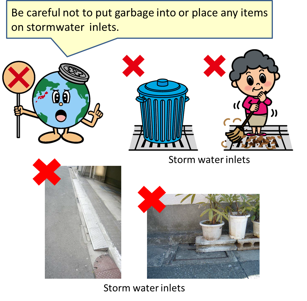 Illustration:Be careful not to put garbage into or place any items on stormwater inlets.